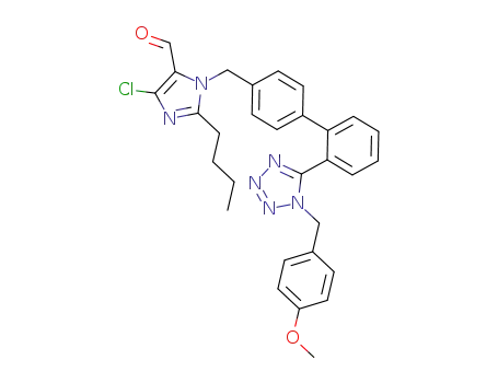 Molecular Structure of 1307853-51-5 (2-butyl-4-chloro-1-({2'-[1-(p-methoxybenzyl)-1H-tetrazol-5-yl]-biphenyl-4-yl}-methyl)imidazole-5-carbaldehyde)