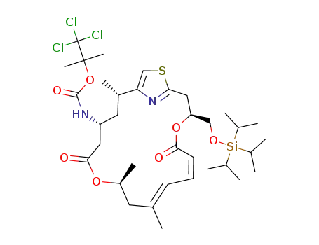 Molecular Structure of 308240-75-7 (((6Z,8E)-(3S,11S,15R,17S)-9,11,17-Trimethyl-5,13-dioxo-3-triisopropylsilanyloxymethyl-4,12-dioxa-20-thia-21-aza-bicyclo[16.2.1]henicosa-1<sup>(21)</sup>,6,8,18-tetraen-15-yl)-carbamic acid 2,2,2-trichloro-1,1-dimethyl-ethyl ester)
