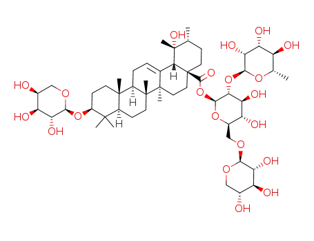 Molecular Structure of 145022-81-7 (Urs-12-en-28-oic acid,3-(R-L-arabinopyranosyloxy)-19- hydroxy-,O-6-deoxy-R-L-mannopyranosyl- (1f2)-O-[&acirc;-D-xylopyranosyl-(1f6)]-&acirc;-Dglucopyranosyl ester,(3&acirc;)- )