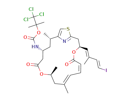 Molecular Structure of 308240-76-8 (((6Z,8E)-(3S,11S,15R,17S)-3-((1E,3E)-4-iodo-2-methylbuta-1,3-dienyl)-9,11,17-trimethyl-5,13-dioxo-4,12-dioxa-20-thia-21-azabicyclo[16.2.1]heneicosa-1<sup>(21)</sup>,6,8,18-tetraen-15-yl)carbamic acid 2,2,2-trichloro-1,1-dimethyl ester)