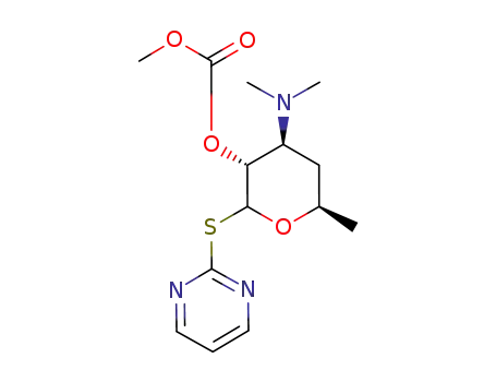 Molecular Structure of 138603-63-1 (1-(2-pyrimidinethio) 3,4,6-trideoxy-2-O-methoxycarbonyl-3-(dimethylamino)-D-xylo-hexopyranoside)