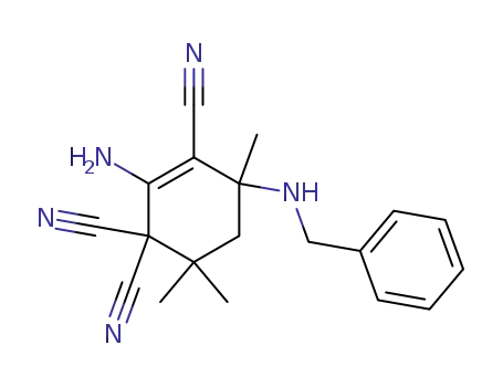 Molecular Structure of 80372-21-0 (2-Amino-4-benzylamino-4,6,6-trimethyl-cyclohex-2-ene-1,1,3-tricarbonitrile)