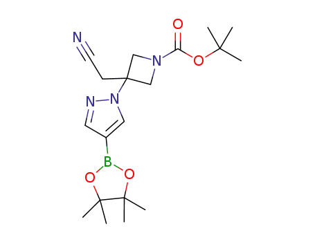 Molecular Structure of 1153949-15-5 (tert-butyl 3-(cyanomethyl)-3-(4-(4,4,5,5-tetramethyl-1,3,2-dioxaborolan-2-yl)-1H-pyrazol-1-yl)azetidine-1-carboxylate)