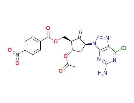 Molecular Structure of 1435752-48-9 (((1R,3S,5S)-5-acetoxy-3-(2-amino-6-chloro-9H-purin-9-yl)-2-methylenecyclopentyl)methyl 4-nitrobenzoate)