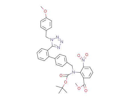 Molecular Structure of 1307853-69-5 (methyl 2-(N-tert-butoxycarbonyl-N-{(2'-[1-(p-methoxybenzyl)-1H-tetrazol-5-yl]biphenyl-4-yl)methyl}amino)-3-nitrobenzoate)