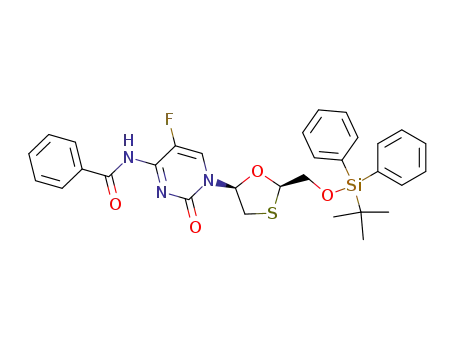 Molecular Structure of 145913-69-5 ((-)-(2R,5S)-5-fluoro-1-<2-<<(tert-butyldiphenylsilyl)oxy>methyl>-1,3-oxathiolan-5-yl>-N<sup>4</sup>-benzoylcytosine)