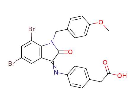 Molecular Structure of 1284293-48-6 (2-{4-[5,7-dibromo-1-(4-methoxybenzyl)-2-oxoindolin-3-ylideneamino]phenyl}acetic acid)