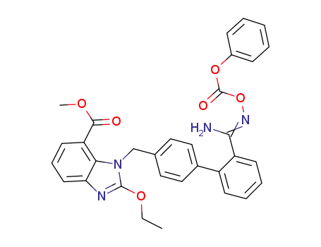 Molecular Structure of 1403477-44-0 (methyl 2-ethoxy-1-((2'-(N'-(phenoxycarbonyloxy)carbamimidoyl)biphenyl-4-yl)methyl)-1H-benzo[d]imidazole-7-carboxylate)