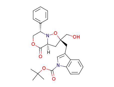 Molecular Structure of 645396-54-9 ((2S,5S,8aS)-2-[(1-(tertbutoxycarbonyl)indol-3-yl)methyl]-2-(hydroxymethyl)-5-phenyl-1,5,6,8a-tetrahydro-3,7-dioxaindolizin-8(2H)-one)