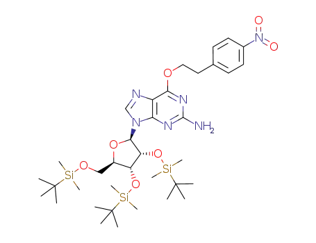 Molecular Structure of 1203555-53-6 (2′,3′,5′-tris-O-(tert-butyldimethylsilyl)-6-O-[2-(4-nitrophenyl)ethyl]guanosine)
