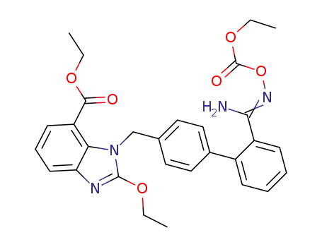 Molecular Structure of 1403474-75-8 (ethyl 2-ethoxy-1-((2'-(N'-((ethoxycarbonyl)oxy)carbamimidoyl)[biphenyl]-4-yl)methyl)-1H-benzoimidazole-7-carboxylate)