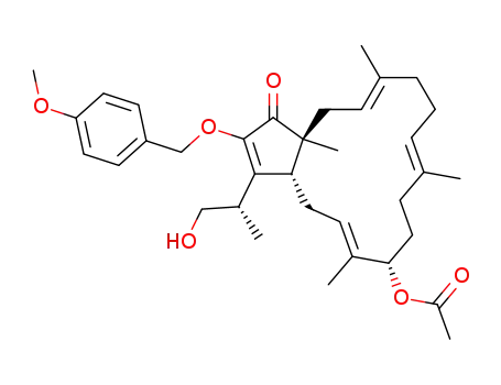 Molecular Structure of 935263-69-7 (acetic acid 3-(2-hydroxy-1-methyl-ethyl)-2-(4-methoxy-benzyloxy)-6,10,14,16a-tetramethyl-1-oxo-1,3a,4,7,8,9,12,13,16,16a-decahydro-cyclopentacyclopentadecen-7-yl ester)