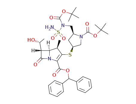 Molecular Structure of 148017-57-6 (diphenylmethyl (4R,5S,6S)-6-[(1R)-1-hydroxyethyl]-4-methyl-3-[[(3S,5S)-1-(tert-butoxycarbonyl)-5-[N-sulfamoyl-N-(tert-butoxycarbonyl)aminomethyl]pyrrolidin-3-yl]thio]-7-oxo-1-azabicyclo[3.2.0]hept-2-ene-2-carboxylate)