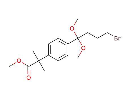Molecular Structure of 1451149-71-5 (methyl 2-(4-(4-bromo-1,1-dimethoxybutyl)phenyl)-2-methyl-propanoate)