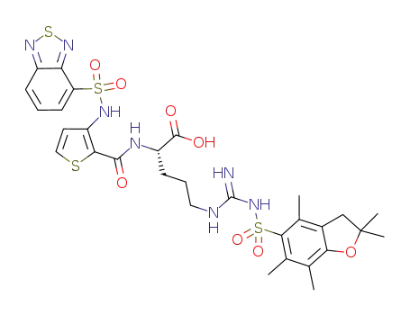Molecular Structure of 1229446-45-0 ((S)-2-{[3-(benzo[1,2,5]thiadiazole-4-sulfonylamino)thiophene-2-carbonyl]amino}-5-guanidino(2,2,4,6,7-pentamethyldihydrobenzofuran-5-sulfonyl)pentanoic acid)