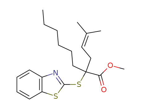 Molecular Structure of 72844-45-2 (2-(Benzothiazol-2-ylsulfanyl)-2-(3-methyl-but-2-enyl)-octanoic acid methyl ester)