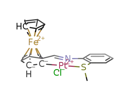 Molecular Structure of 657414-35-2 ([Pt([(η5-C5H3)-CH=N-(C6H4-2-SMe)]Fe(η5-C5H5))Cl])