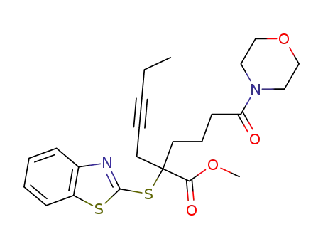 Molecular Structure of 72844-46-3 (2-(Benzothiazol-2-ylsulfanyl)-2-(4-morpholin-4-yl-4-oxo-butyl)-hept-4-ynoic acid methyl ester)