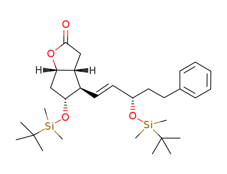 Molecular Structure of 1240483-15-1 ((3aR,4R,5R,6aS)-5-((tert-butyldimethylsilyl)oxy)-4-((S,E)-3-((tert-butyldimethylsilyl)oxy)-5-phenylpent-1-en-1-yl)hexahydro-2H-cyclopenta[b]furan-2-one)