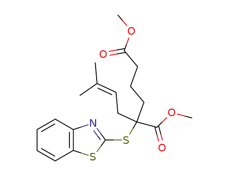 Molecular Structure of 72844-42-9 (2-(Benzothiazol-2-ylsulfanyl)-2-(3-methyl-but-2-enyl)-hexanedioic acid dimethyl ester)