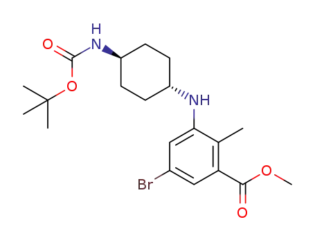 Molecular Structure of 1403258-26-3 (methyl 5-bromo-3-(((trans)-4-((tert-butoxycarbonyl)amino)cyclohexyl)-amino)-2-methylbenzoate)