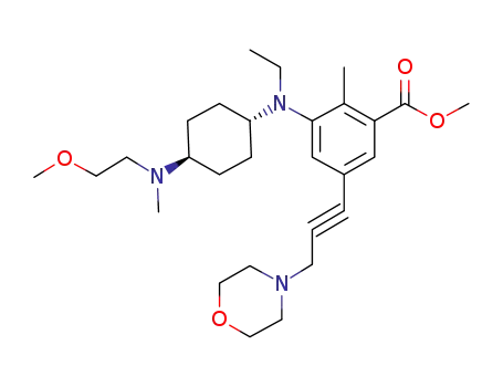 Molecular Structure of 1598383-57-3 (methyl 3-(ethyl((trans)-4-((2-methoxyethyl)(methyl)amino)cyclohexyl)amino)-2-methyl-5-(3-morpholinoprop-1-yn-1-yl)benzoate)