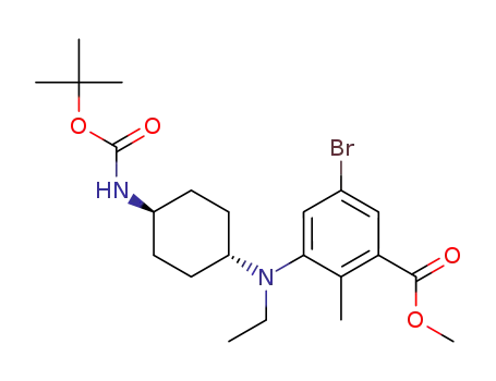 Molecular Structure of 1403258-27-4 (methyl 5-bromo-3-(((trans)-4-((tert-butoxycarbonyl)amino)cyclohexyl)-(ethyl)amino)-2-methylbenzoate)