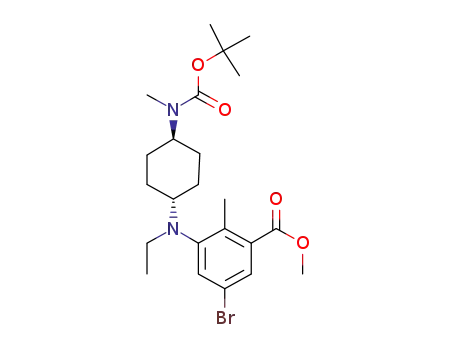 Molecular Structure of 1598383-48-2 (methyl 5-bromo-3-(((trans)-4-((tert-butoxycarbonyl)(methyl)amino)cyclohexyl)(ethyl)amino)-2-methylbenzoate)