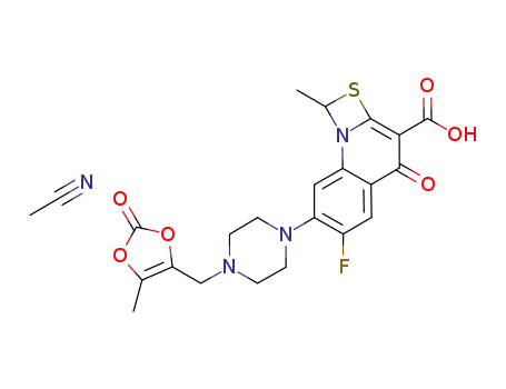 Molecular Structure of 791105-27-6 (6-fluoro-1-methyl-7-[4-(5-methyl-2-oxo-1,3-dioxolen-4-yl)-methyl-1-piperazinyl]-4-oxo-4H-[1,3]thiazeto[3,2-a]quinoline-3-carboxylic acid acetonitrile solvate)