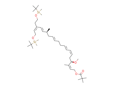 Molecular Structure of 808771-45-1 (2,2-Dimethyl-propionic acid (2Z,6Z,8E,12E,16E,18Z)-(4R,15S)-20-(tert-butyl-dimethyl-silanyloxy)-18-[2-(tert-butyl-dimethyl-silanyloxy)-ethyl]-4-methoxy-3,15-dimethyl-icosa-2,6,8,12,16,18-hexaenyl ester)