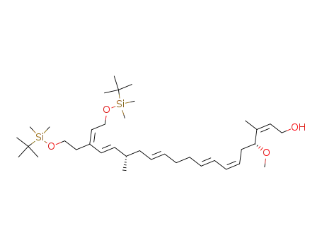 Molecular Structure of 808771-33-7 ((2Z,6Z,8E,12E,16E,18Z)-(4R,15S)-20-(tert-Butyl-dimethyl-silanyloxy)-18-[2-(tert-butyl-dimethyl-silanyloxy)-ethyl]-4-methoxy-3,15-dimethyl-icosa-2,6,8,12,16,18-hexaen-1-ol)