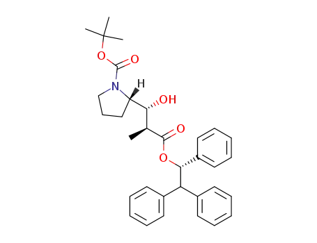 Molecular Structure of 120205-60-9 ((S)-2-[(1R,2S)-1-Hydroxy-2-((S)-1,2,2-triphenyl-ethoxycarbonyl)-propyl]-pyrrolidine-1-carboxylic acid tert-butyl ester)