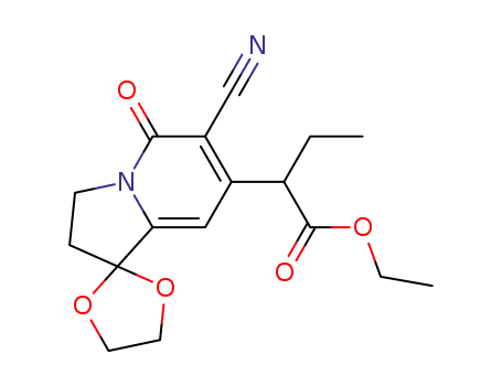 Molecular Structure of 58610-66-5 (6'-cyano-α-ethyl-2',3'-dihydro-5'-oxospiro<1,3-dioxolane-2,1'(5'H)-indolizine>-7'-acetic acid, ethyl ester)