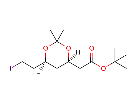 Molecular Structure of 1173184-80-9 (tert-butyl 2-((4R,6S)-6-(2-iodoethyl)-2,2-dimethyl-1,3-dioxan-4-yl)acetate)