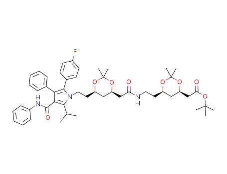 Molecular Structure of 1116118-82-1 (((4R,6R)-6-{2-[2-((4R,6R)-6-{2-[2-(4-fluoro-phenyl)-5-isopropyl-3-phenyl-4-phenylcarbamoyl-pyrrol-1-yl]-ethyl}-2,2-dimethyl-[1,3]dioxan-4-yl)-acetylamino]-ethyl}-2,2-dimethyl-[1,3]dioxan-4-yl)-acetic acid tert-butyl ester)