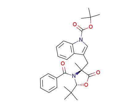 Molecular Structure of 116139-85-6 ((2R,5S)-3-benzoyl-2-(tert-butyl)-4-(<1-(tert-butyloxycarbonyl)-1H-indol-3-yl>methyl)-4-methyl-5-oxazolidinon)