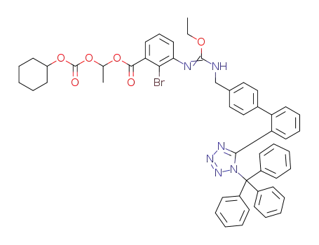 Molecular Structure of 1239349-15-5 (1-(cyclohexyloxycarbonyloxy)ethyl 2-bromo-3-(ethoxy(1-(2'-(1-trityl-1H-tetrazol-5-yl)biphenyl-4-yl)methylamino)methyleneamino)benzoate)