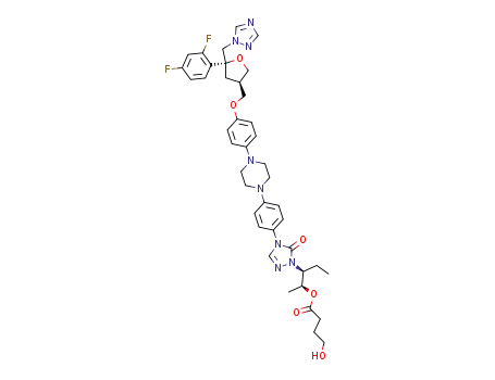 Molecular Structure of 221615-76-5 (4-Hydroxy-butyric acid (1S,2S)-2-{4-[4-(4-{4-[(3R,5R)-5-(2,4-difluoro-phenyl)-5-[1,2,4]triazol-1-ylmethyl-tetrahydro-furan-3-ylmethoxy]-phenyl}-piperazin-1-yl)-phenyl]-5-oxo-4,5-dihydro-[1,2,4]triazol-1-yl}-1-methyl-butyl ester)