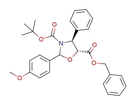 Molecular Structure of 1531632-32-2 (benzyl (4S,5R)-3-t-butoxycarbonyl-2-(4-methoxyphenyl)-4-phenyl-5-oxazolidine carboxylate)