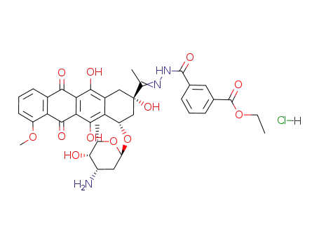 Molecular Structure of 110925-36-5 (3-[1-[(2S,4S)-4-((2R,4S,5S,6S)-4-Amino-5-hydroxy-6-methyl-tetrahydro-pyran-2-yloxy)-2,5,12-trihydroxy-7-methoxy-6,11-dioxo-1,2,3,4,6,11-hexahydro-naphthacen-2-yl]-eth-(E)-ylidene-hydrazinocarbonyl]-benzoic acid ethyl ester; hydrochloride)