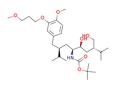 Molecular Structure of 866030-34-4 (((1S,2S,4S)-2-hydroxy-4-hydroxymethyl-1-((S)-2-[4-methoxy-3-(3-methoxy-propoxy)-benzyl]-3-methyl-butyl)-5-methyl-hexyl)-carbamic acid tert-butyl ester)