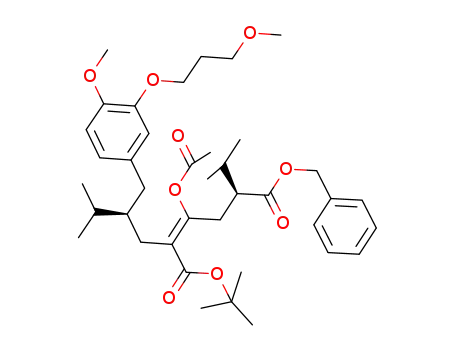 Molecular Structure of 1351987-34-2 ((S,E)-6-benzyl-1-tert-butyl-3-acetoxy-5-isopropyl-2-((S)-2-(4-methoxy-3-(3-methoxypropoxy)benzyl)-3-methylbutyl)hex-2-enedioate)