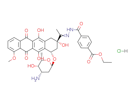 Molecular Structure of 110925-37-6 (4-[1-[(2S,4S)-4-((2R,4S,5S,6S)-4-Amino-5-hydroxy-6-methyl-tetrahydro-pyran-2-yloxy)-2,5,12-trihydroxy-7-methoxy-6,11-dioxo-1,2,3,4,6,11-hexahydro-naphthacen-2-yl]-eth-(E)-ylidene-hydrazinocarbonyl]-benzoic acid ethyl ester; hydrochloride)