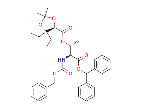 Molecular Structure of 128849-59-2 ((R)-5,5-Diethyl-2,2-dimethyl-[1,3]dioxolane-4-carboxylic acid (1R,2S)-2-benzhydryloxycarbonyl-2-benzyloxycarbonylamino-1-methyl-ethyl ester)