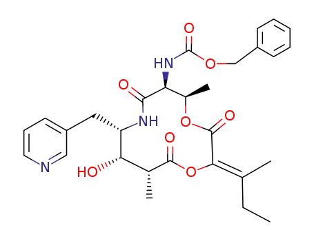 Molecular Structure of 128829-09-4 ({(5R,6S,9S,10S,11R)-10-Hydroxy-5,11-dimethyl-2-[1-methyl-prop-(Z)-ylidene]-3,7,12-trioxo-9-pyridin-3-ylmethyl-1,4-dioxa-8-aza-cyclododec-6-yl}-carbamic acid benzyl ester)