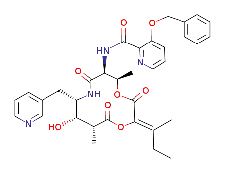 Molecular Structure of 128829-10-7 (3-Benzyloxy-pyridine-2-carboxylic acid {(5R,6S,9S,10S,11R)-10-hydroxy-5,11-dimethyl-2-[1-methyl-prop-(Z)-ylidene]-3,7,12-trioxo-9-pyridin-3-ylmethyl-1,4-dioxa-8-aza-cyclododec-6-yl}-amide)