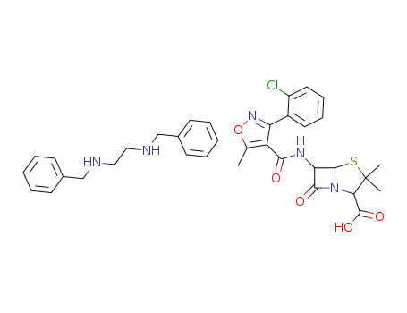 Molecular Structure of 23736-58-5 (4-Thia-1-azabicyclo[3.2.0]heptane-2-carboxylic acid, 6-[[[3-(2-chlorophenyl)-5-methyl-4-isoxazolyl]carbonyl]amino]-3,3-dimethyl-7-oxo-, (2S,5R,6R)-, compd. with N,N'-bis(phenylmethyl)-1,2-ethanediamine (2:1))