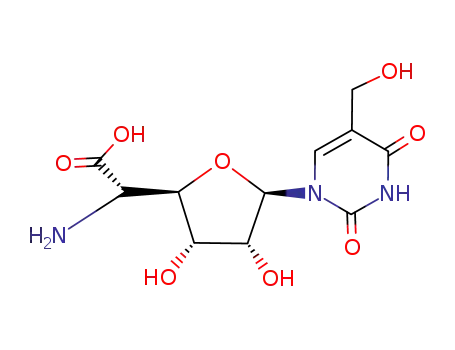 Molecular Structure of 21027-33-8 (5-Amino-1,5-dideoxy-1-(1,2,3,4-tetrahydro-5-hydroxymethyl-2,4-dioxopyrimidin-1-yl)-β-D-allofuranuronic acid)