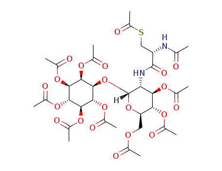 Molecular Structure of 668481-15-0 (Acetic acid (1S,2R,3R,4S,5S,6R)-2,3,4,5-tetraacetoxy-6-[(2R,3R,4R,5S,6R)-4,5-diacetoxy-6-acetoxymethyl-3-((R)-2-acetylamino-3-acetylsulfanyl-propionylamino)-tetrahydro-pyran-2-yloxy]-cyclohexyl ester)