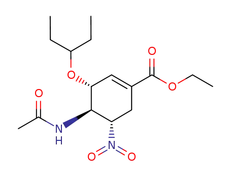 Molecular Structure of 949164-64-1 (ethyl (3R,4R,5S)-4-acetamido-5-nitro-3-(pentan-3-yloxy)cyclohex-1-ene-1-carboxylate)